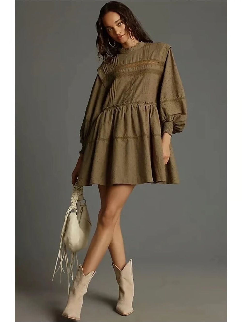 Pilcro Boho Peasant Long-Sleeve Mock-Neck Swing Mini Dress Olive Green M